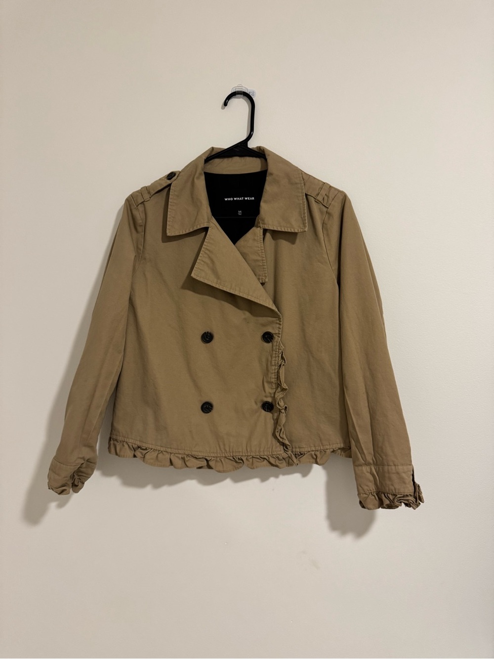 Who What Wear Tan Double-Breasted Ruffle-Hem Trench Jacket